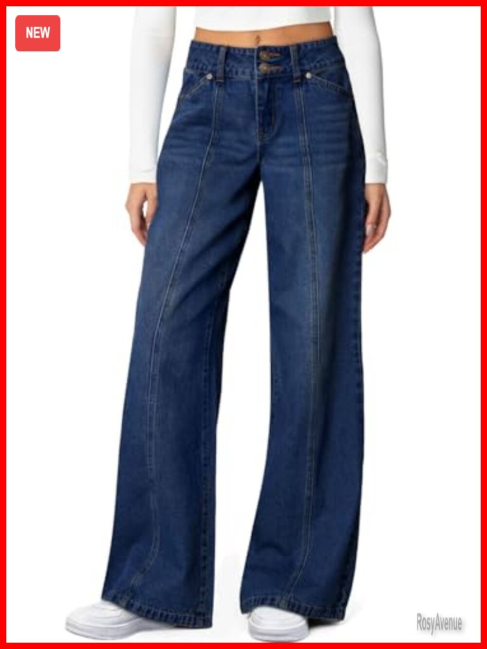 High Waisted Wide Leg Stretchy Jeans with Seamed Design and Dual Button
